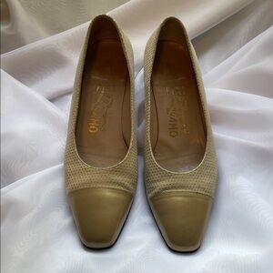 Salvatore Ferragamo Gold and Cream Flats